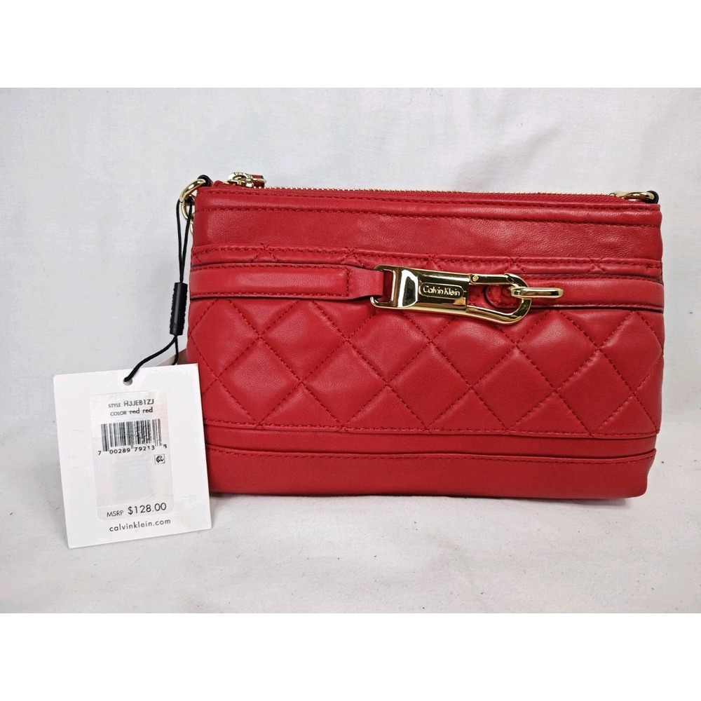 Calvin Klein Quilted Leather Crossbody Bag NWT Red Chain‎ Strap Purse H3JEB1ZJ